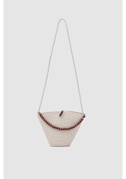 Piccolo Krem Handmade Boncuk Detaylı Hasır Çanta