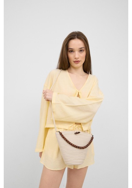 Piccolo Krem Handmade Boncuk Detaylı Hasır Çanta fiyatları