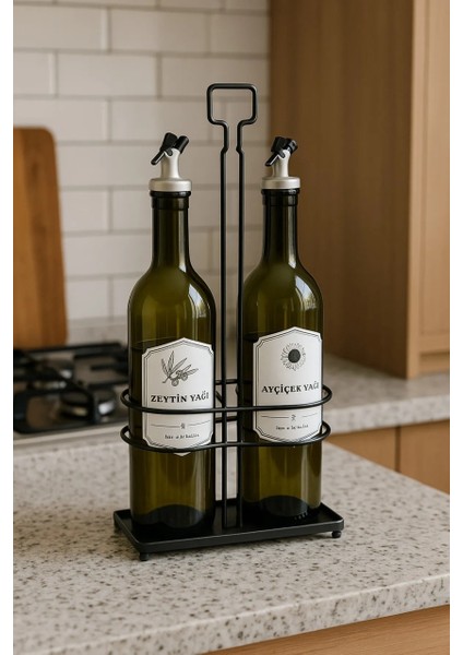 Metal Standlı Ikili Cam Yağdanlık | 2'li Etiketli Cam Yağlık Paslanmaz Standı ve Altlığı Sirkelik