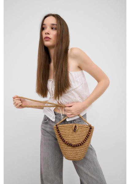 Piccolo Handmade Boncuk Detaylı Hasır Çanta Vizon fiyatları