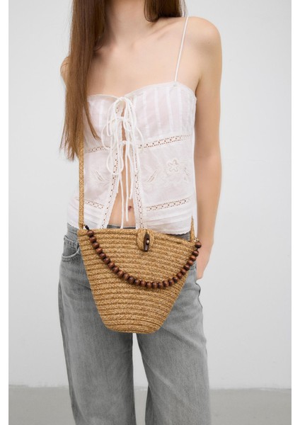 Piccolo Handmade Boncuk Detaylı Hasır Çanta Vizon modelleri