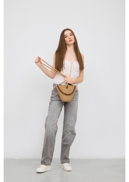 Piccolo Handmade Boncuk Detaylı Hasır Çanta Vizon fırsatları