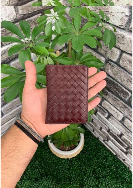 Hakiki Deri El Örgüsü Bordo Unisex Kartlık (T622)