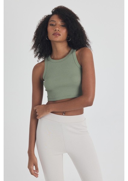 Kadın Pamuklu Crop Top Atlet Esnek Kaşkorse Ribanalı Bluz