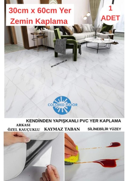 30X60 cm Yapışkanlı Renkli Pvc Zemin Paneli, Kauçuk Arka, Beyaz Renk