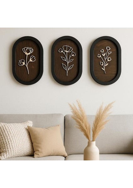 3'lü Ahşap Çiçekli Duvar Dekoru - Minimalist Botanik Duvar Dekoru - Rustik Modern Duvar Süsü - Bohem Ev Dekoru - Doğal Ahşap Çiçek Paneli