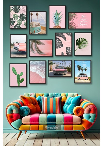 Renkli 12 Parça Retro Mdf Tablo Seti, Tropikal Temalı Dekorasyon Hedefli