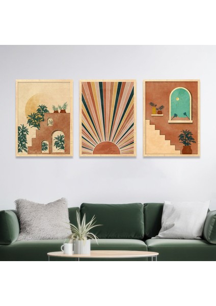 Ahşap Çerçeveli 3'lü Tablo Seti, Natürel Desert Renkler, Modern Dekorasyon Için fiyatları