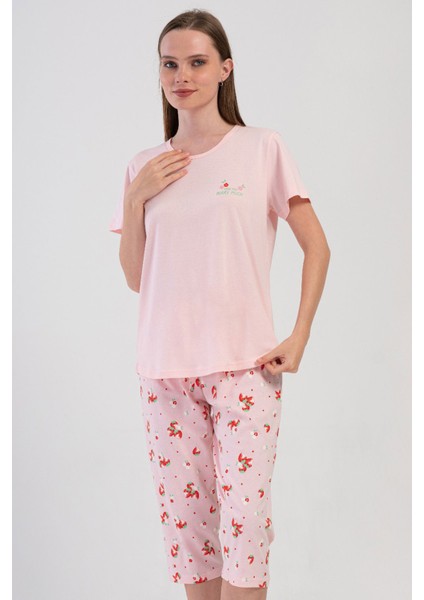 Pamuklu Kadın Büyük Beden Kısa Kol Kaprili Pijama Takım , 408036