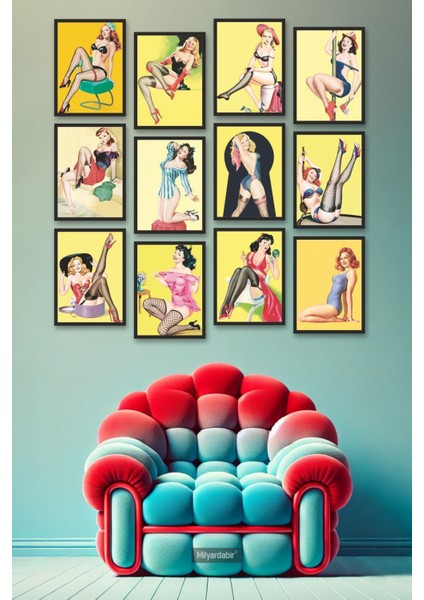 Renkli ve Eğlenceli Pin-Up Kız Çizimleriyle 12 Parça Mdf Tablo Seti