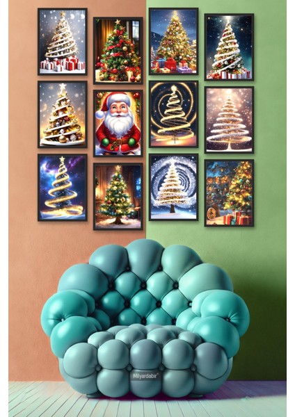 Renkli 12 Parça Mdf Tablo Seti, Noel Ağacı ve Süslemeler ile Şık Ev Dekoru