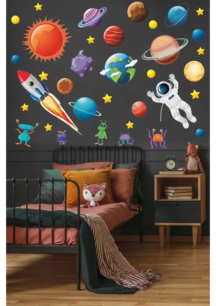 Siyah Uzay Temalı Duvar Sticker, Yıldızlar, Gezegenler ve Astronot Dekoru