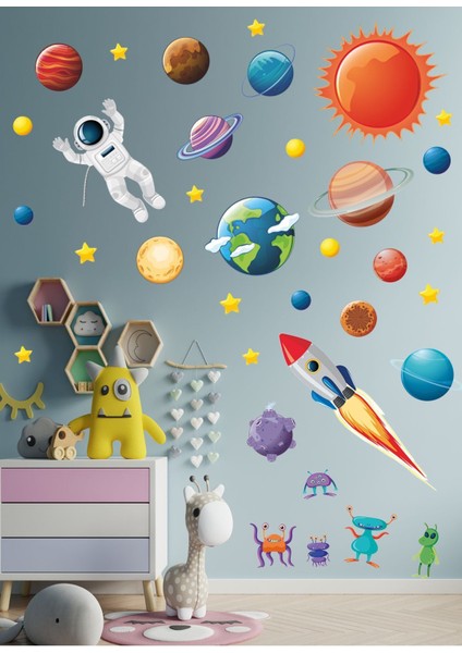 Siyah Uzay Temalı Duvar Sticker, Yıldızlar, Gezegenler ve Astronot Dekoru modelleri