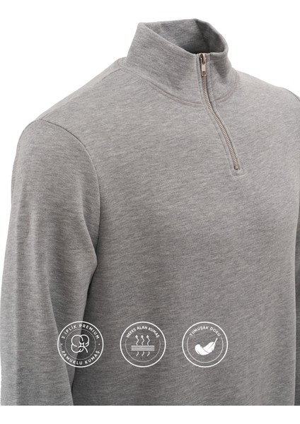 3 Iplik Pamuklu Erkek Sweatshirt Gri Relax Fit Fermuarlı Dik Yarım Yaka Rahat Kesim Yumuşak Tuşe modelleri