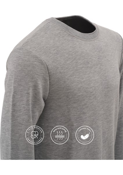 3 Iplik Pamuklu Erkek Sweatshirt Gri Relax Fit Basic Bisiklet Yaka Rahat Kesim Yumuşak Tuşe modelleri