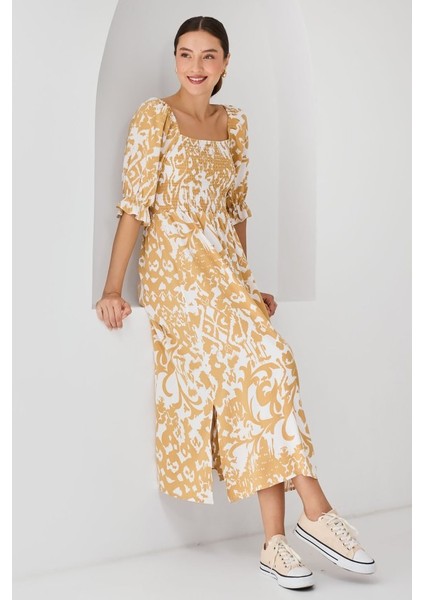 2512 Desenli Yırtmaçlı Elbise - Sarı