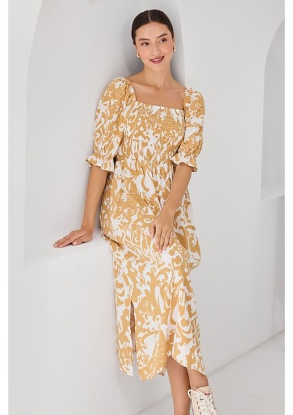 2512 Desenli Yırtmaçlı Elbise - Sarı modelleri