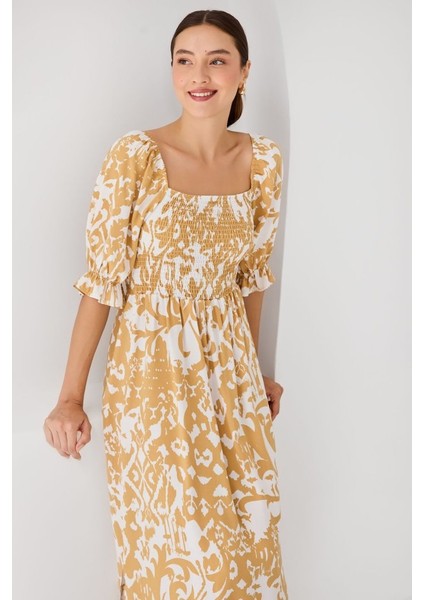 2512 Desenli Yırtmaçlı Elbise - Sarı fırsatları