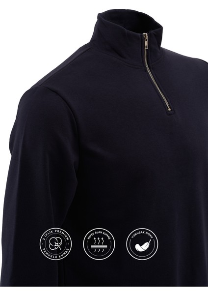 3 Iplik Pamuklu Erkek Sweatshirt Lacivert Relax Fit Fermuarlı Dik Yarım Yaka Rahat Kesm Yumuşak Tuşe fiyatları