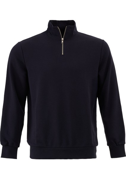 3 Iplik Pamuklu Erkek Sweatshirt Lacivert Relax Fit Fermuarlı Dik Yarım Yaka Rahat Kesm Yumuşak Tuşe fırsatları