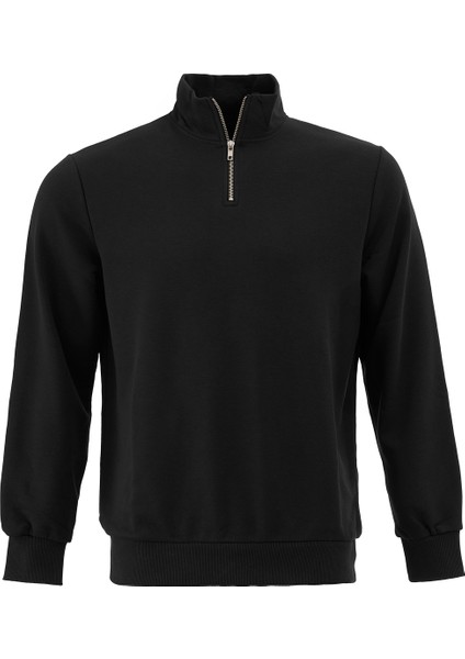 3 Iplik Pamuklu Erkek Sweatshirt Siyah Relax Fit Fermuarlı Dik Yarım Yaka Rahat Kesim Yumuşak Tuşe modelleri