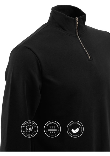 3 Iplik Pamuklu Erkek Sweatshirt Siyah Relax Fit Fermuarlı Dik Yarım Yaka Rahat Kesim Yumuşak Tuşe fiyatları