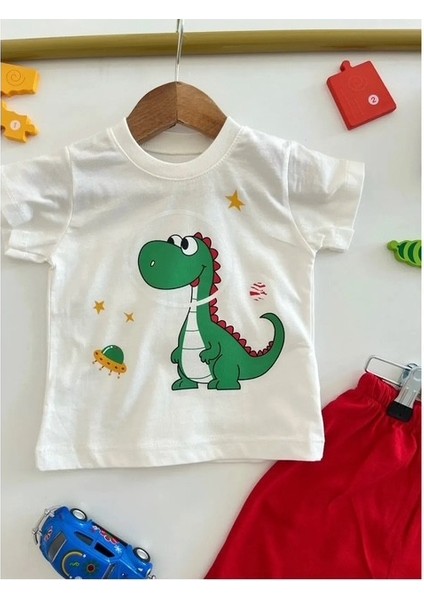 Dinazor Desenli Kırmızı Erkek Alt-Üst Takım %100 Pamuk