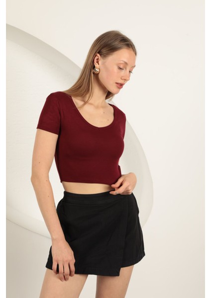 Artsviva Çilek Viskon Kumaş V Yaka Basic Tişört-Bordo