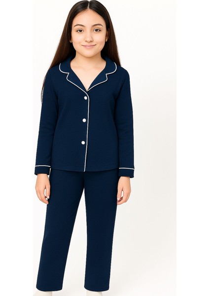 Kız Çocuk Pamuklu Düğmeli Uzun Kollu Pijama Takımı - 1507 -1508