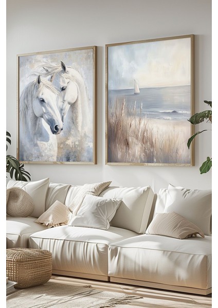 Yağlı Boya Efektli Atlı Tablo Seti, Ahşap Çerçeveli, 2'li, Şık ve Dekoratif Ürün