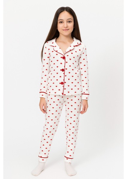 Kız Çocuk Pamuklu Düğmeli Uzun Kollu Pijama Takımı - 1507 -1508