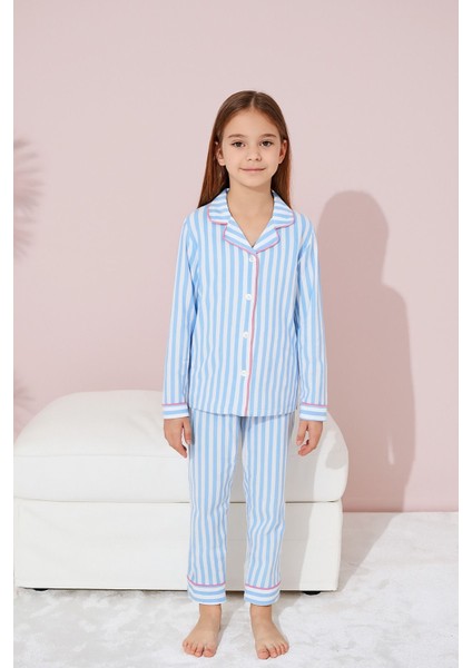 Kız Çocuk Pamuklu Düğmeli Uzun Kollu Pijama Takımı - 1507 -1508