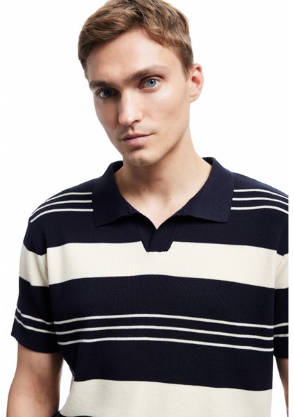 Yeni Sezon Çizgili Kısa Kollu Regular Fit Polo Yaka Triko Tişört