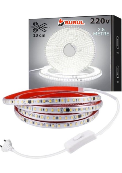 2.5 Metre Beyaz Işık Yapışkanlı Yüksek Lümen Silikonlu Şerit LED Işık Fişli Aydınlatma SB-6548