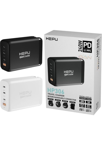 Hepu HP-306 240WATT Gan Şarj Adaptörü 4-Port Hızlı Seyehat Adaptörü Universal Pd 3.0 Qualcom indirimleri