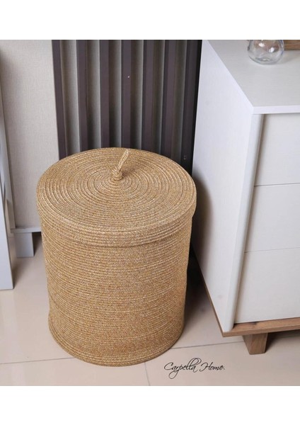 Bej Jüt Hasır Sepet, Kapaklı, Düzenleyici, 40X35, Oyuncak ve Çamaşır Için Ideal