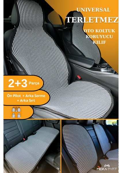 Terletmez Koltuk Koruyucu Kılıf 5 Parça Universal Çizgili Füme Beyaz 2+3 %100 Pamuk