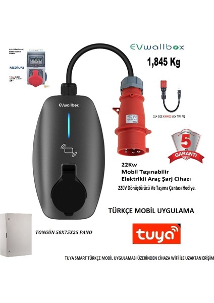 22KW V3 Türkçe Mobil Uygulama 5 Yıl Garanti, (50X75X25 Plastik Pano, Tekli Kombinasyon Panosu, Taşıma Çantası ve 220V Dönüştürücü Adaptör)