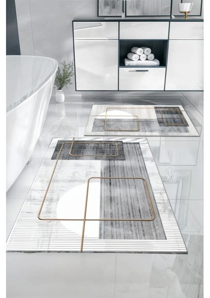 Dijital Baskılı Gri Tonlu Eskitme Desenli Çiftli Banyo Paspası (40/60CM - 60X100CM)