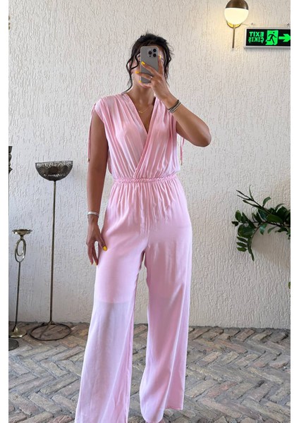 Kadın Pembe Kruvaze Yaka Yazlık Tulum NBMY3805