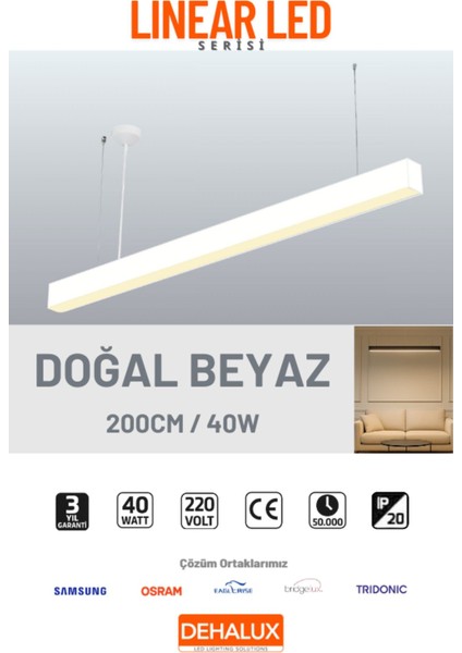 Linear LED Aydınlatma 200CM 64W Beyaz Kasa Lineer LED |doğal Beyaz 4000K|OFIS, Mağaza, Ev, Otel, Plaza, Hastane Aydınlatma