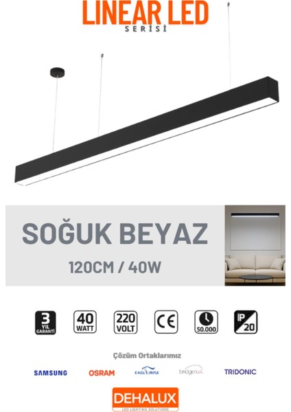 120CM 40W Siyah Kasa Linear LED |soğuk Beyaz 6500K|OFIS, Mağaza, Ev, Otel, Plaza, Hastane Aydınlatma