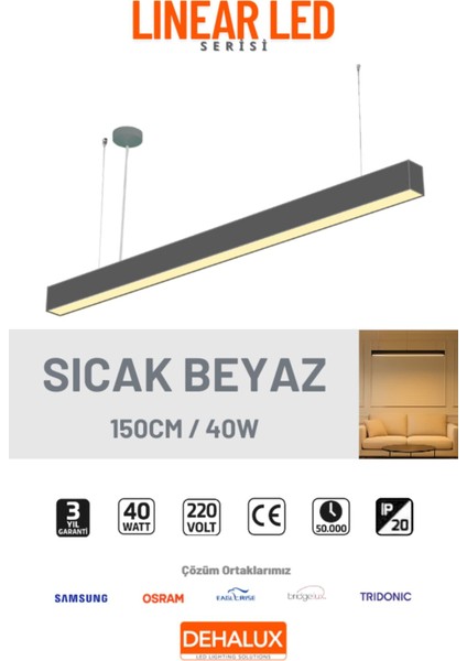 Linear LED Aydınlatma 150CM 48W Antrasit Kasa Lineer LED |sıcak Beyaz 3000K|OFIS, Mağaza, Ev, Otel, Plaza, Hastane