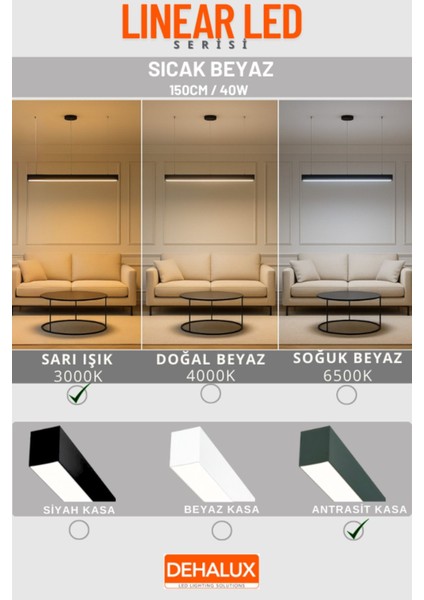 Linear LED Aydınlatma 150CM 48W Antrasit Kasa Lineer LED |sıcak Beyaz 3000K|OFIS, Mağaza, Ev, Otel, Plaza, Hastane fiyatları
