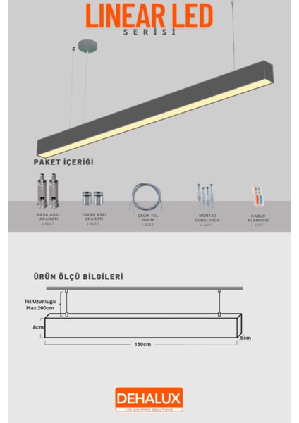 Linear LED Aydınlatma 150CM 48W Antrasit Kasa Lineer LED |sıcak Beyaz 3000K|OFIS, Mağaza, Ev, Otel, Plaza, Hastane modelleri
