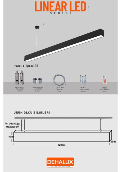 120CM 40W Antrasit Kasa Linear LED | Soğuk Beyaz 6500K | Ofis, Mağaza, Ev, Otel, Plaza, Hastane modelleri