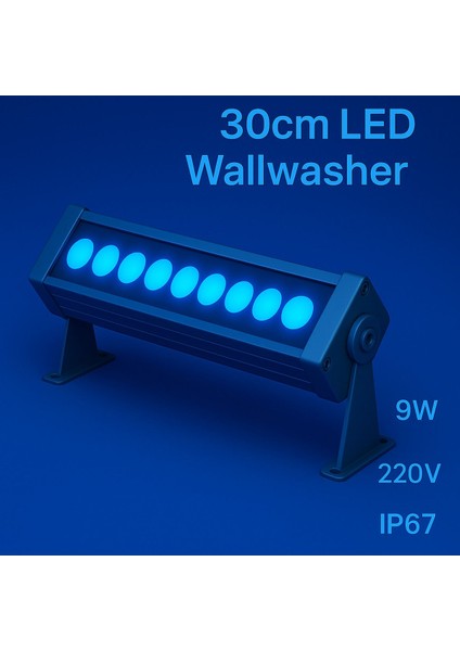 30CM 9W LED Wallwasher Mavi | Dış Cephe, Minare, Bahçe Aydınlatma | Iç-Dış Kullanım IP65