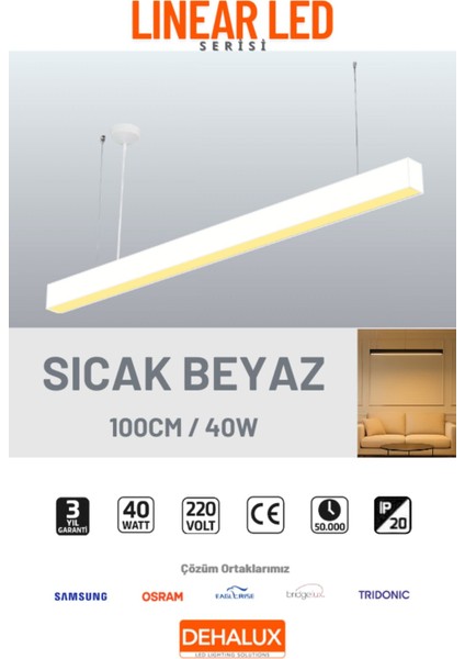 100CM 32W Beyaz Kasa Linear LED |sıcak Beyaz 3000K|OFIS, Mağaza, Ev, Otel, Plaza, Hastane Aydınlatma