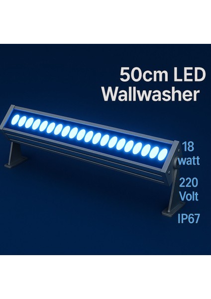 50CM 18W LED Wallwasher Mavi | Dış Cephe, Minare, Bahçe Aydınlatma | Iç-Dış Kullanım IP65