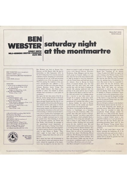 Ben Webster Saturday Night At The Montmartre Lp Plak fiyatları